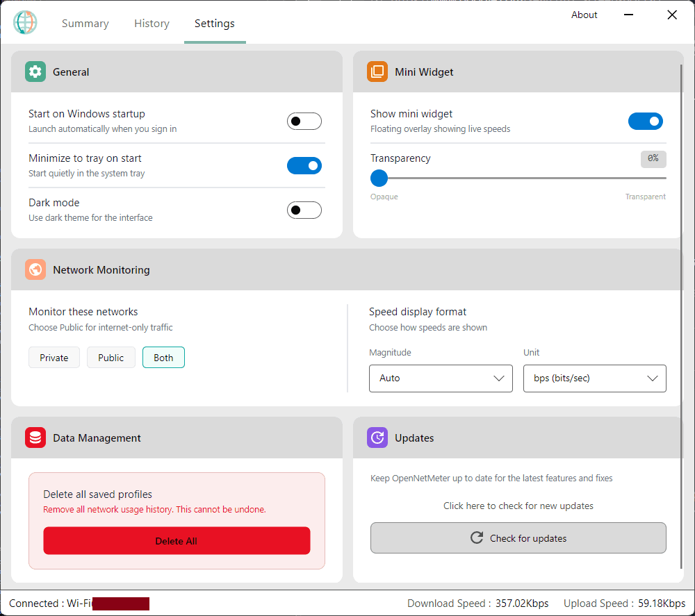 OpenNetMeter Settings tab, light mode